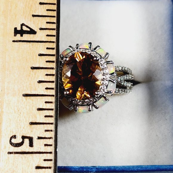 Premium Golden Scapolite, Welo Opal & Zircon fancy halo ring in Plat/925 4.85ct - Picture 5 of 6